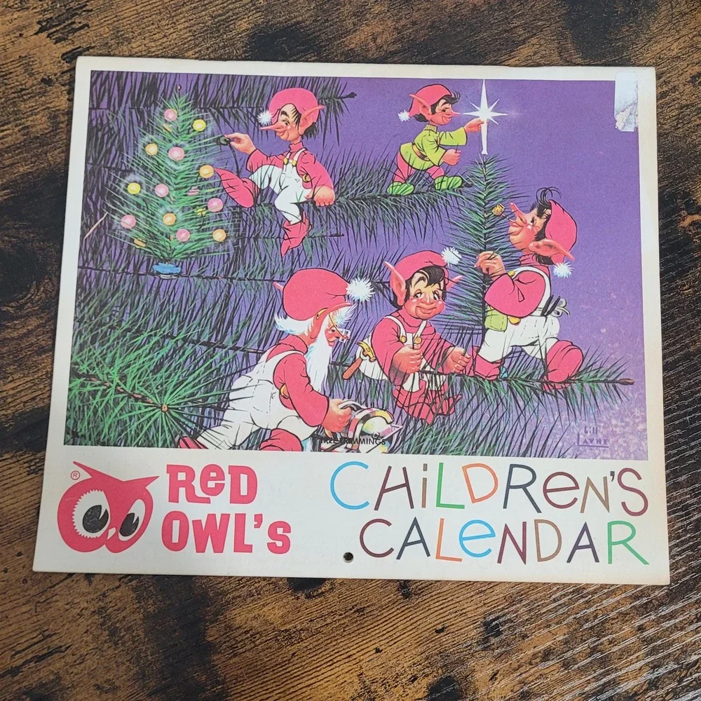 Vintage 1977 Red Owl Childrens Calendar 12 Month Elves‎ Wall Calendar Art